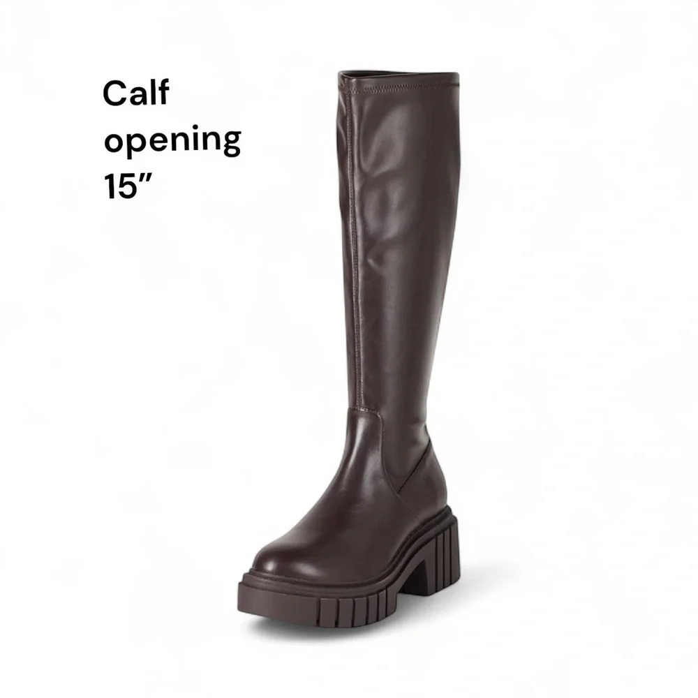 THE DROP KENNEDY Y2K Lug Sole Platform Boots Brown Knee High 14” Calf Y2K NWT
